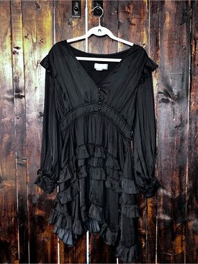 Anthropologie Black Ruffle V-Neck Long Sleeve Dress - LP